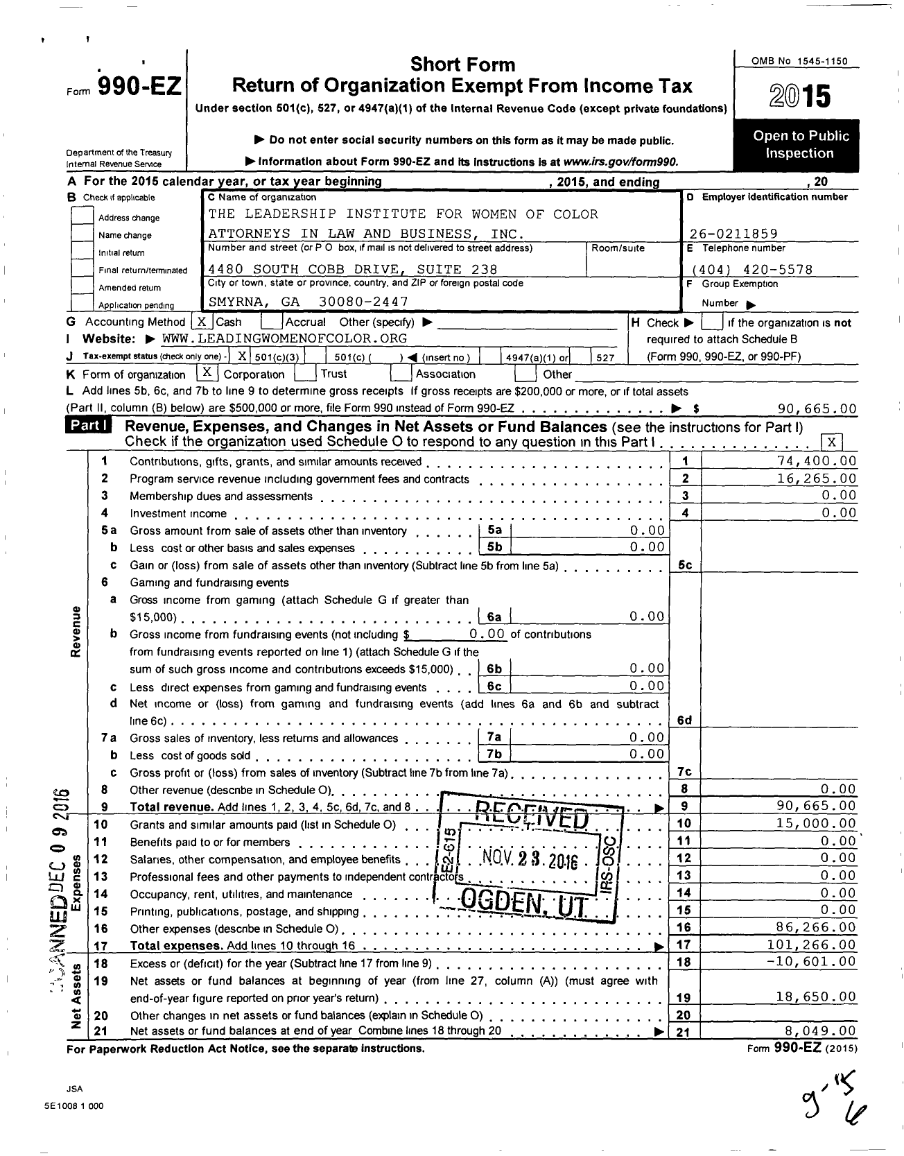 Image of first page of 2015 Form 990EZ for The Leadership Institute for Women of Color Attorn