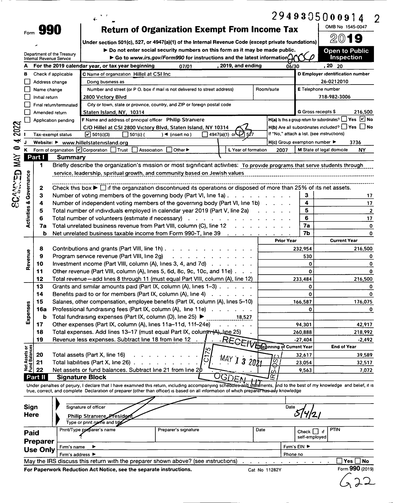 Image of first page of 2019 Form 990 for Hillel at CSI