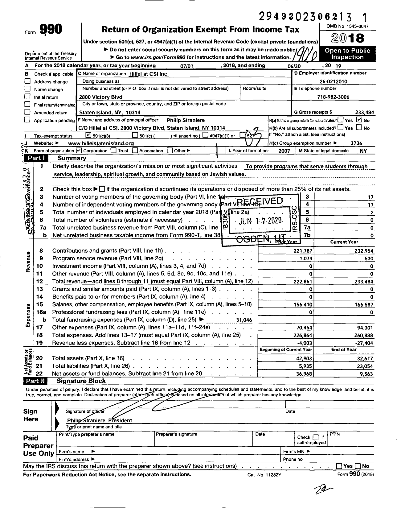 Image of first page of 2018 Form 990 for Hillel at CSI