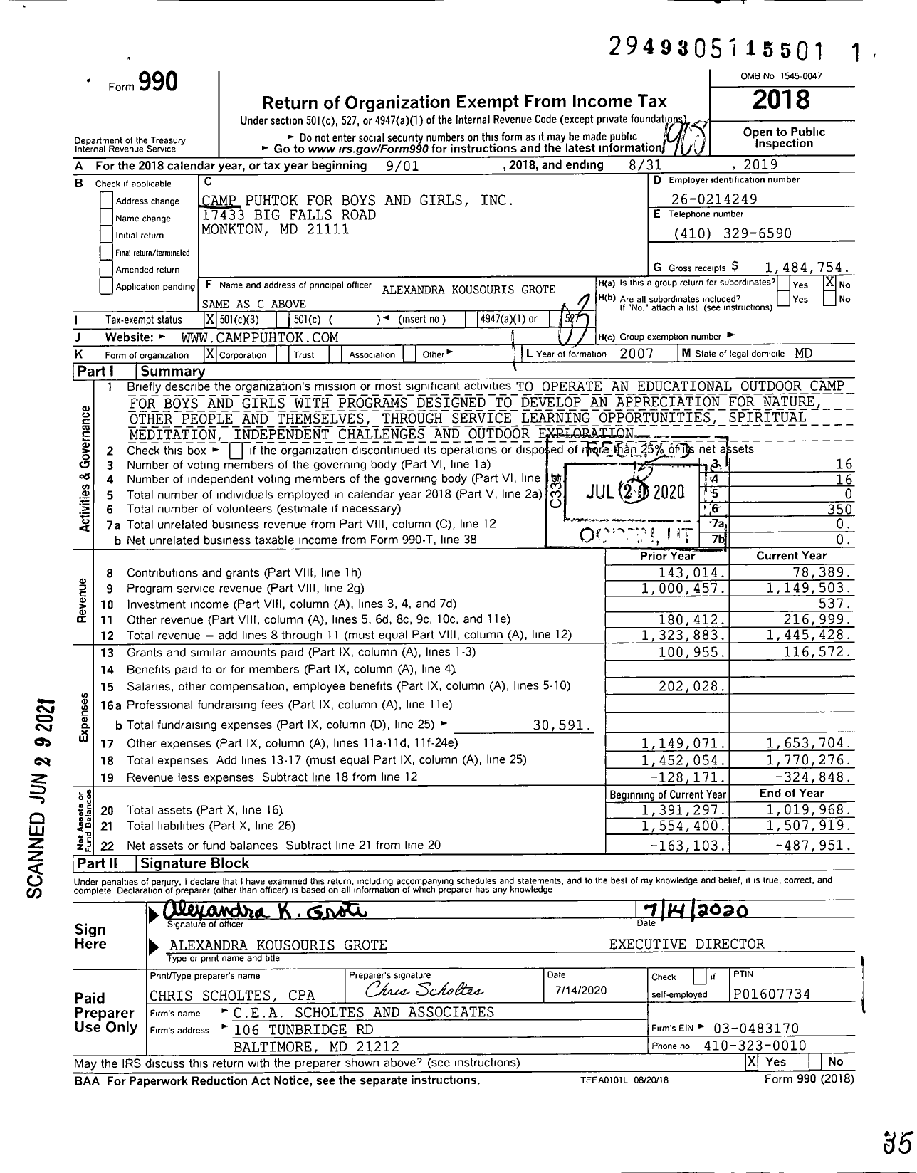 Image of first page of 2018 Form 990 for Camp Puhtok for Boys and Girls