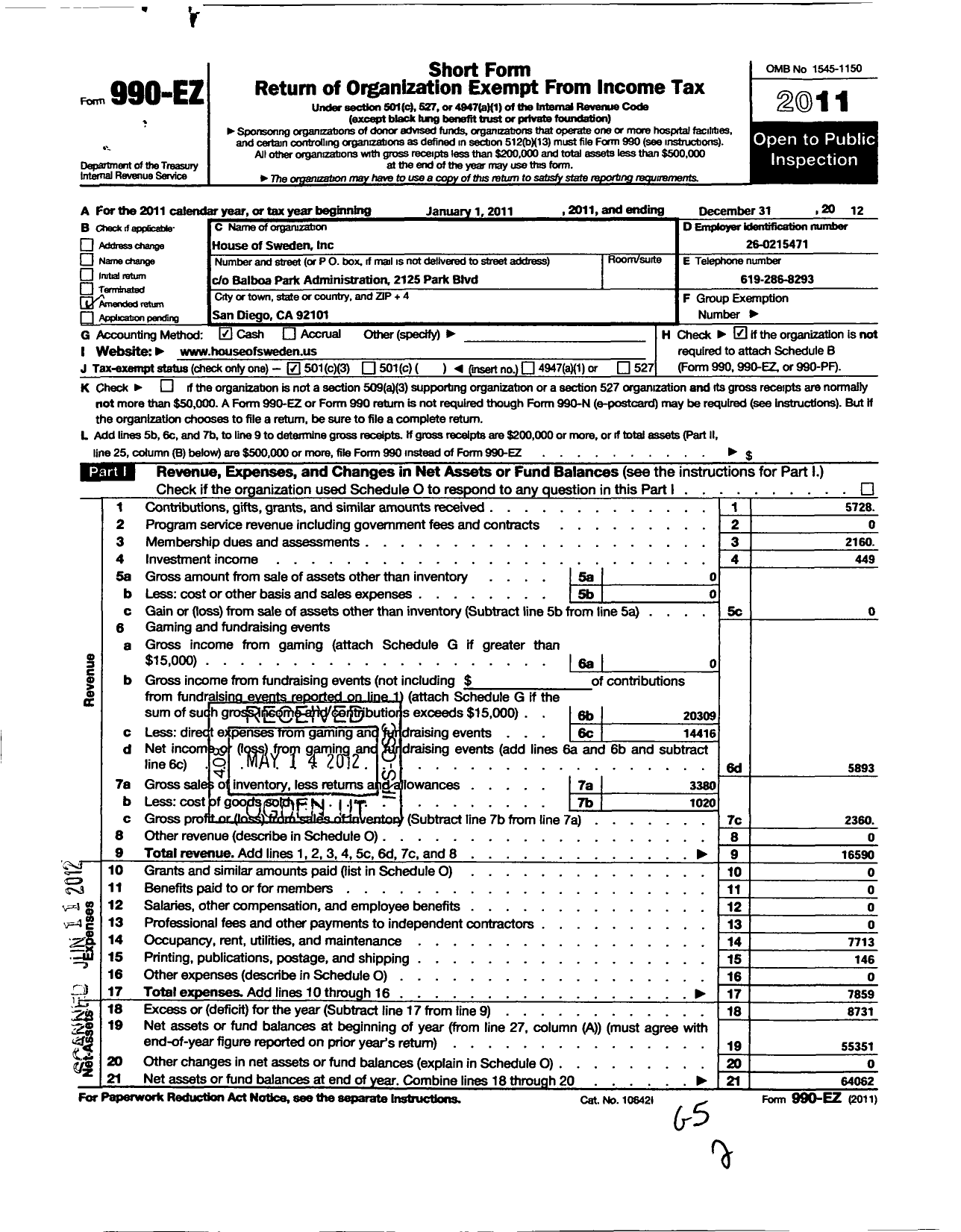 Image of first page of 2012 Form 990EZ for House of Sweden