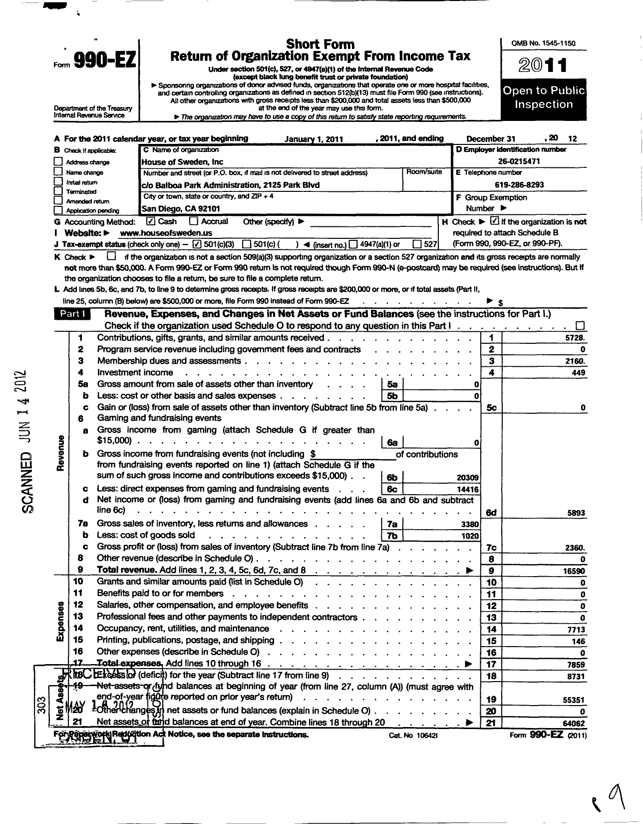 Image of first page of 2012 Form 990EZ for House of Sweden