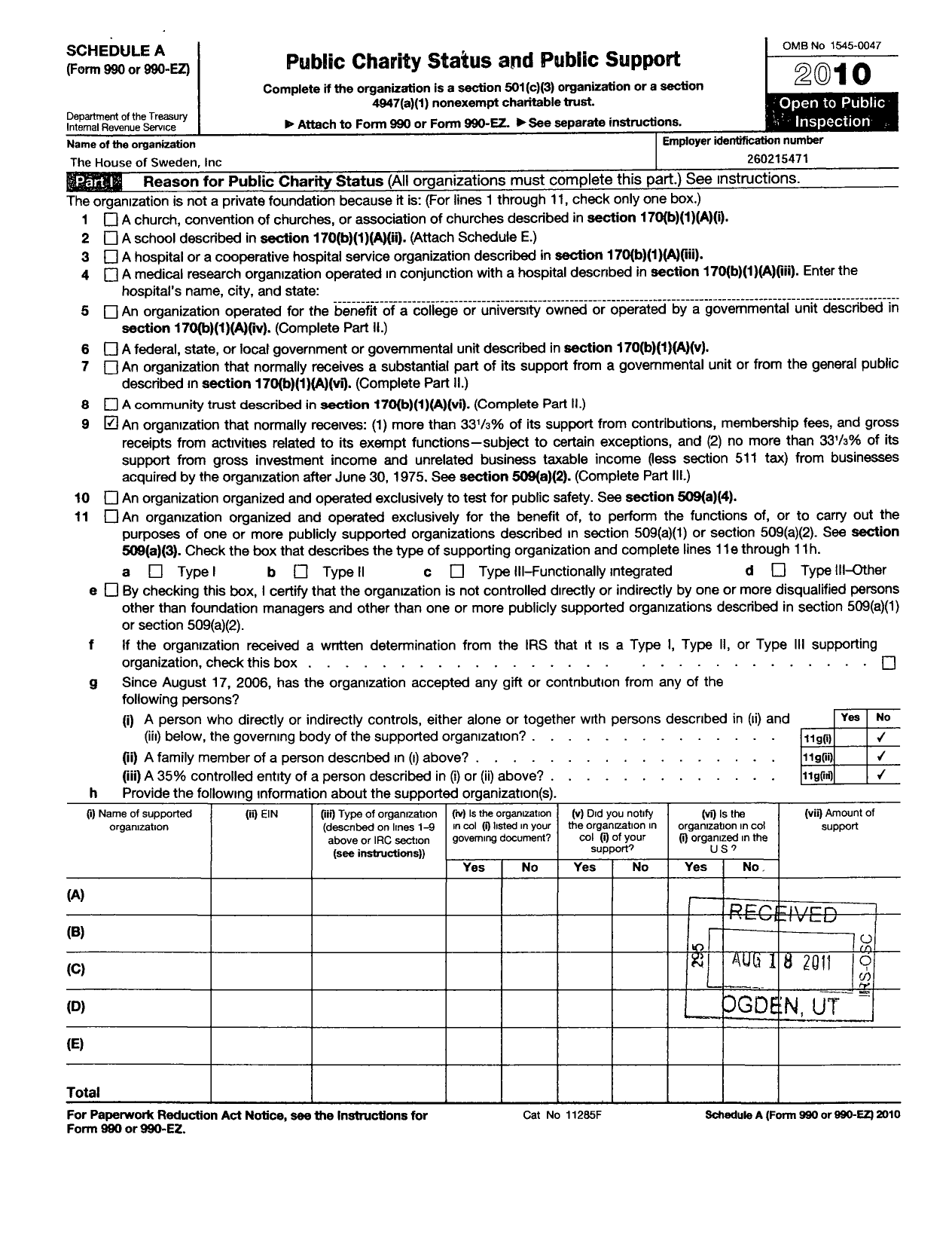 Image of first page of 2010 Form 990ER for House of Sweden