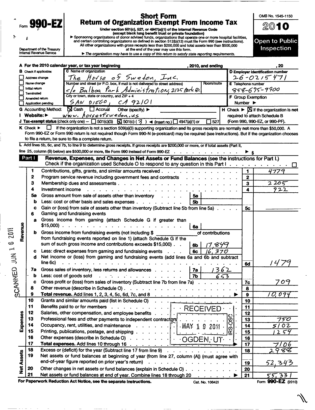 Image of first page of 2010 Form 990EZ for House of Sweden