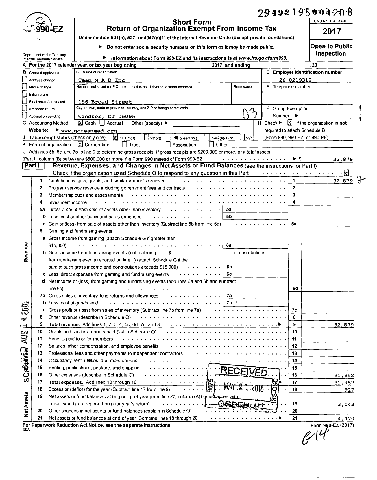 Image of first page of 2017 Form 990EZ for Team Mad