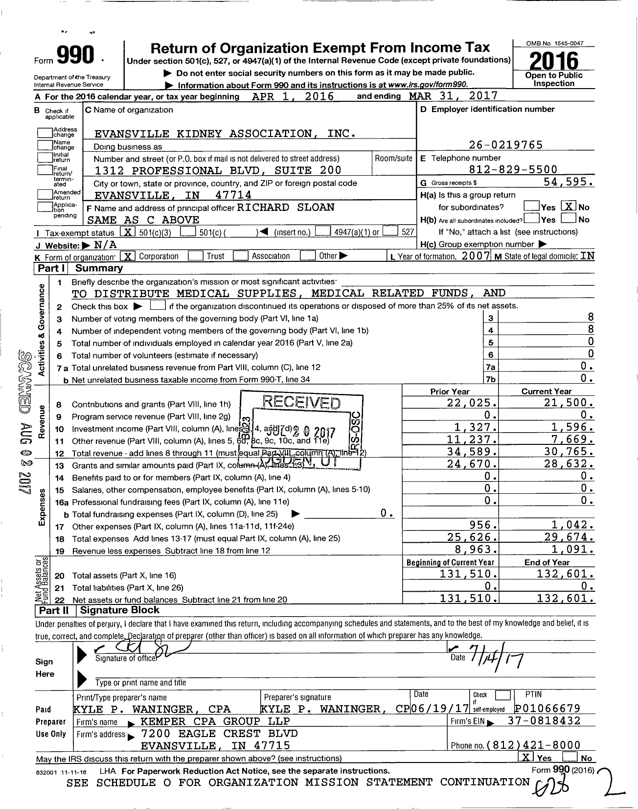 Image of first page of 2016 Form 990 for Evansville Kidney Association