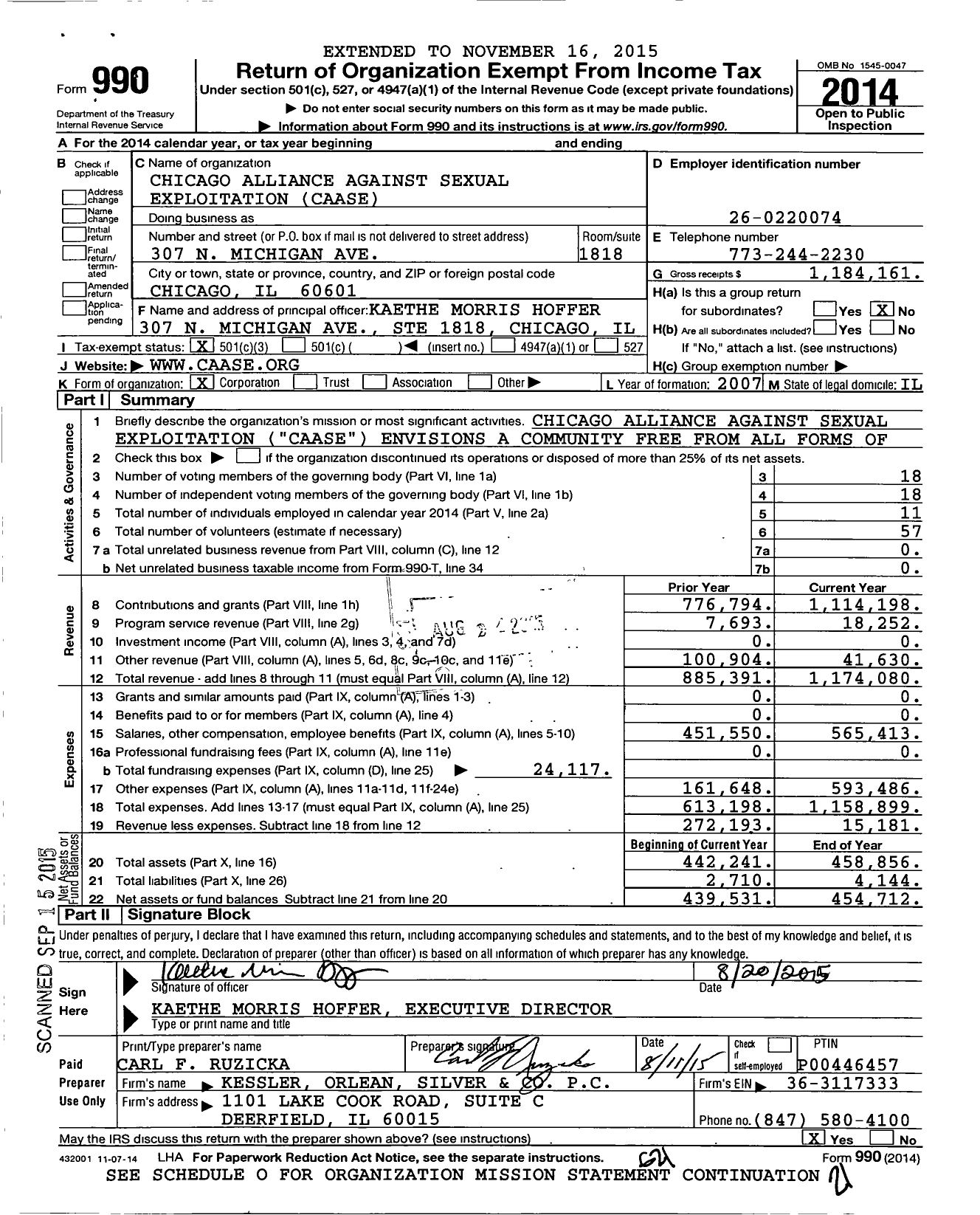 Image of first page of 2014 Form 990 for Chicago Alliance Against Sexual Exploitation (CAASE)