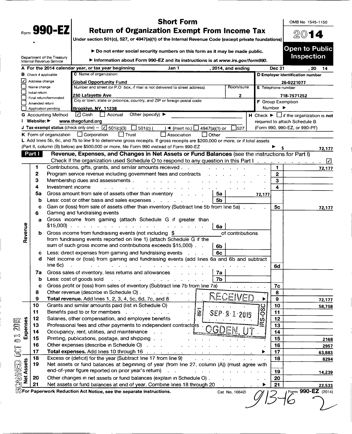 Image of first page of 2014 Form 990EZ for Global Opportunity Fund