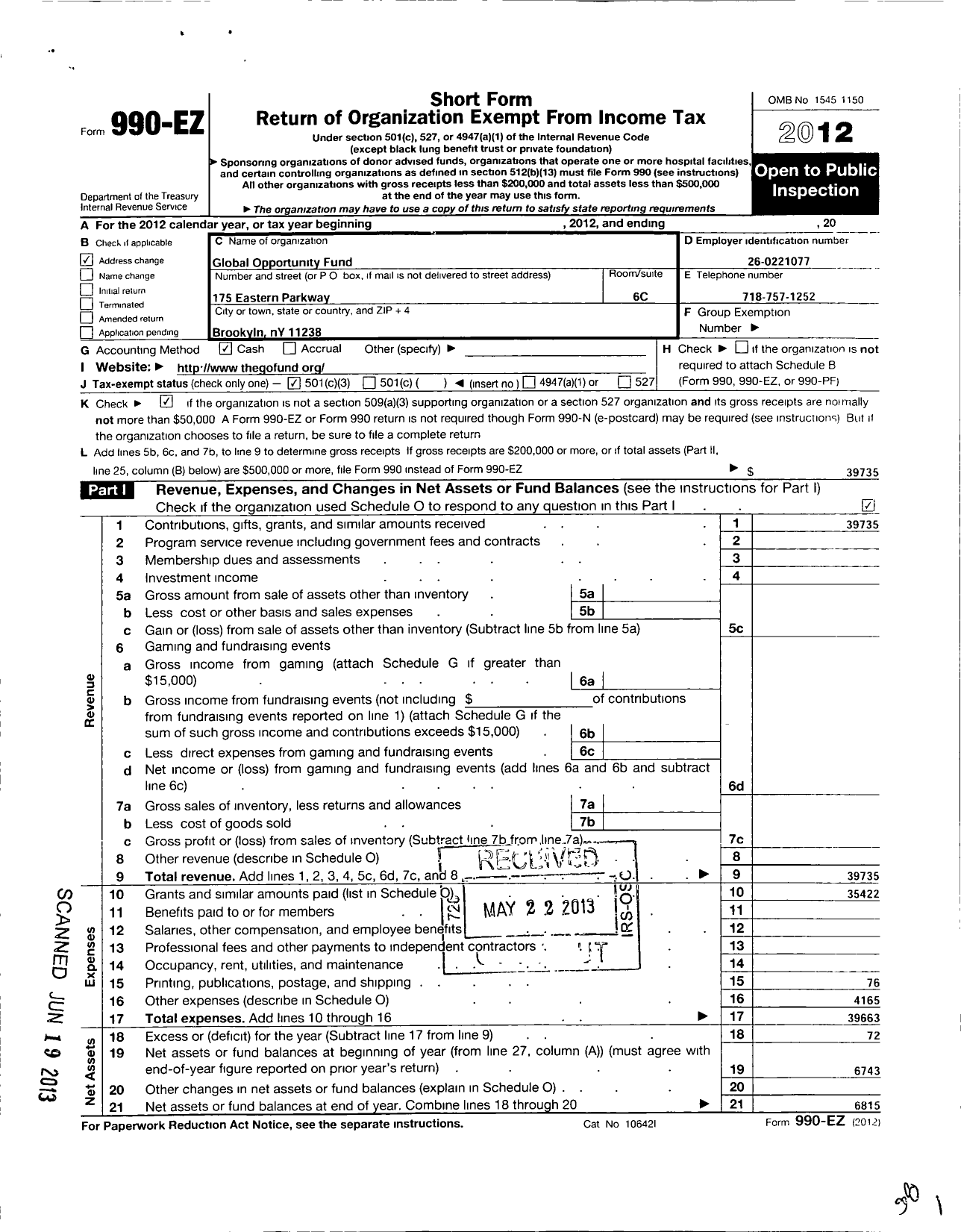 Image of first page of 2012 Form 990EZ for Global Opportunity Fund