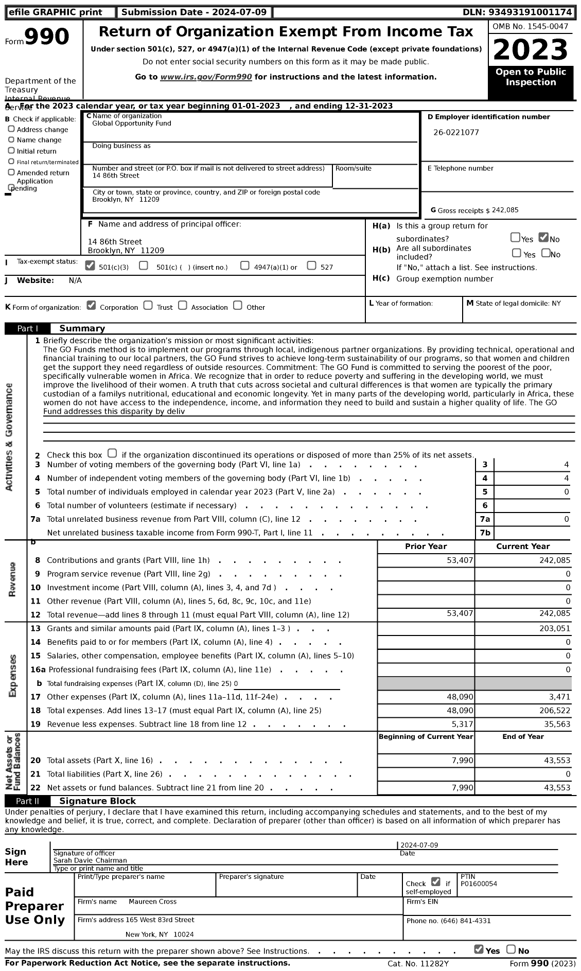 Image of first page of 2023 Form 990 for Global Opportunity Fund