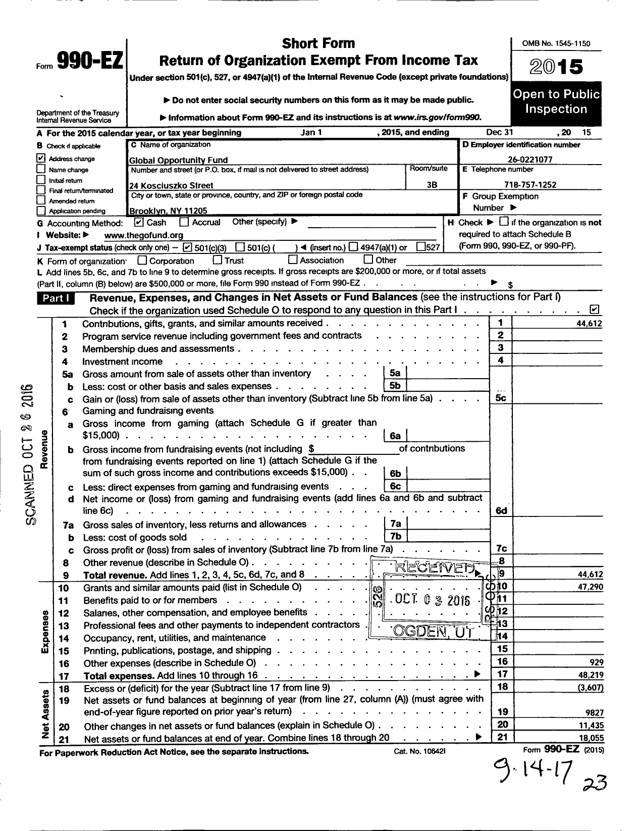 Image of first page of 2015 Form 990EZ for Global Opportunity Fund