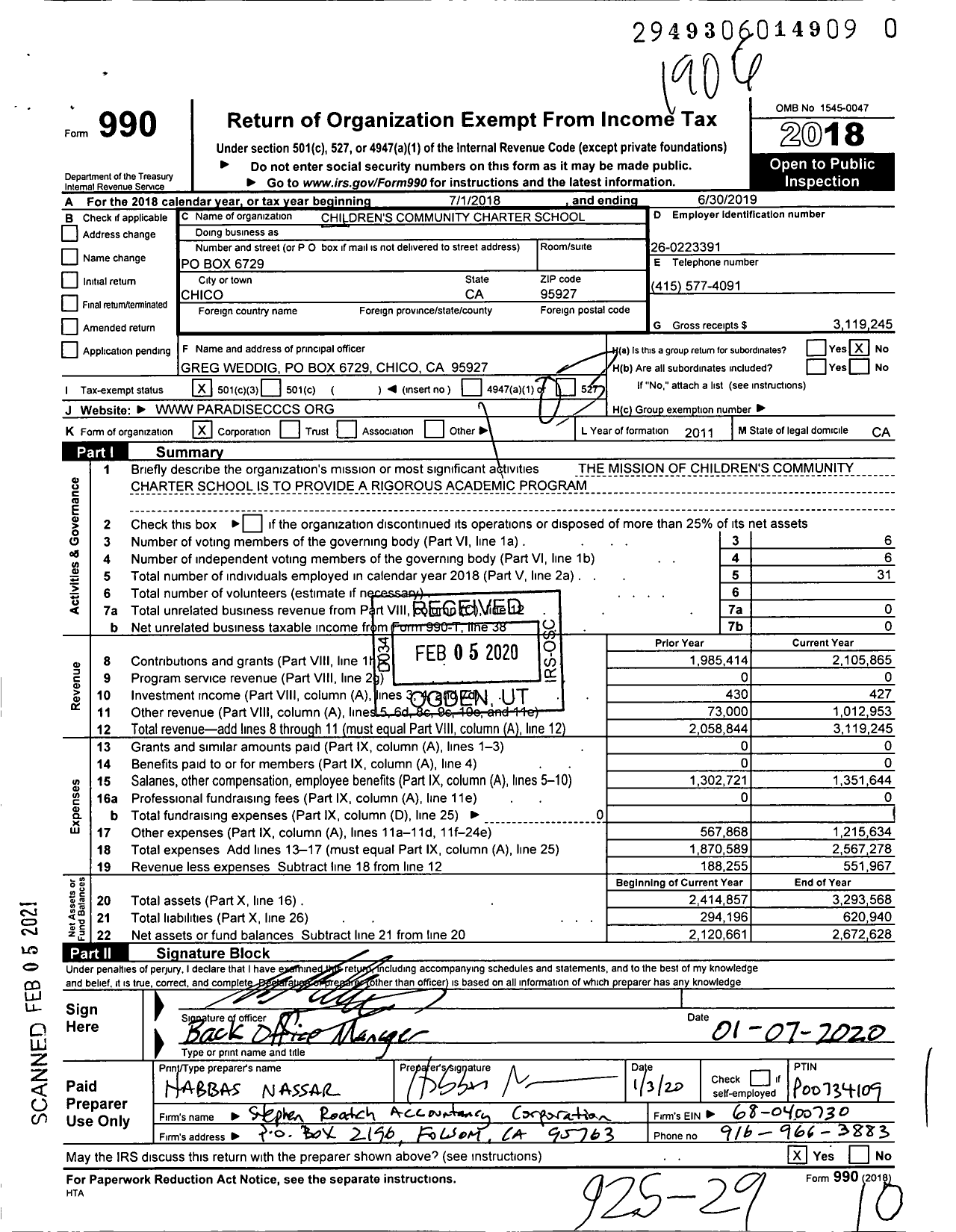 Image of first page of 2018 Form 990 for Children's Community Charter School