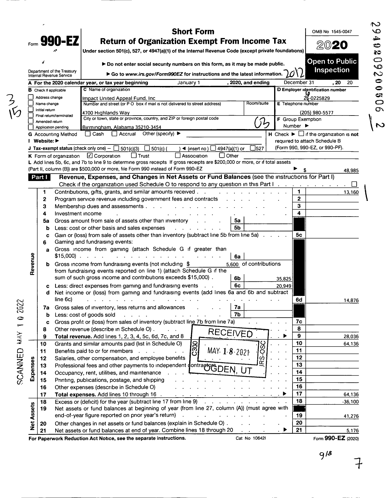 Image of first page of 2020 Form 990EZ for Impact United Appeal Fund