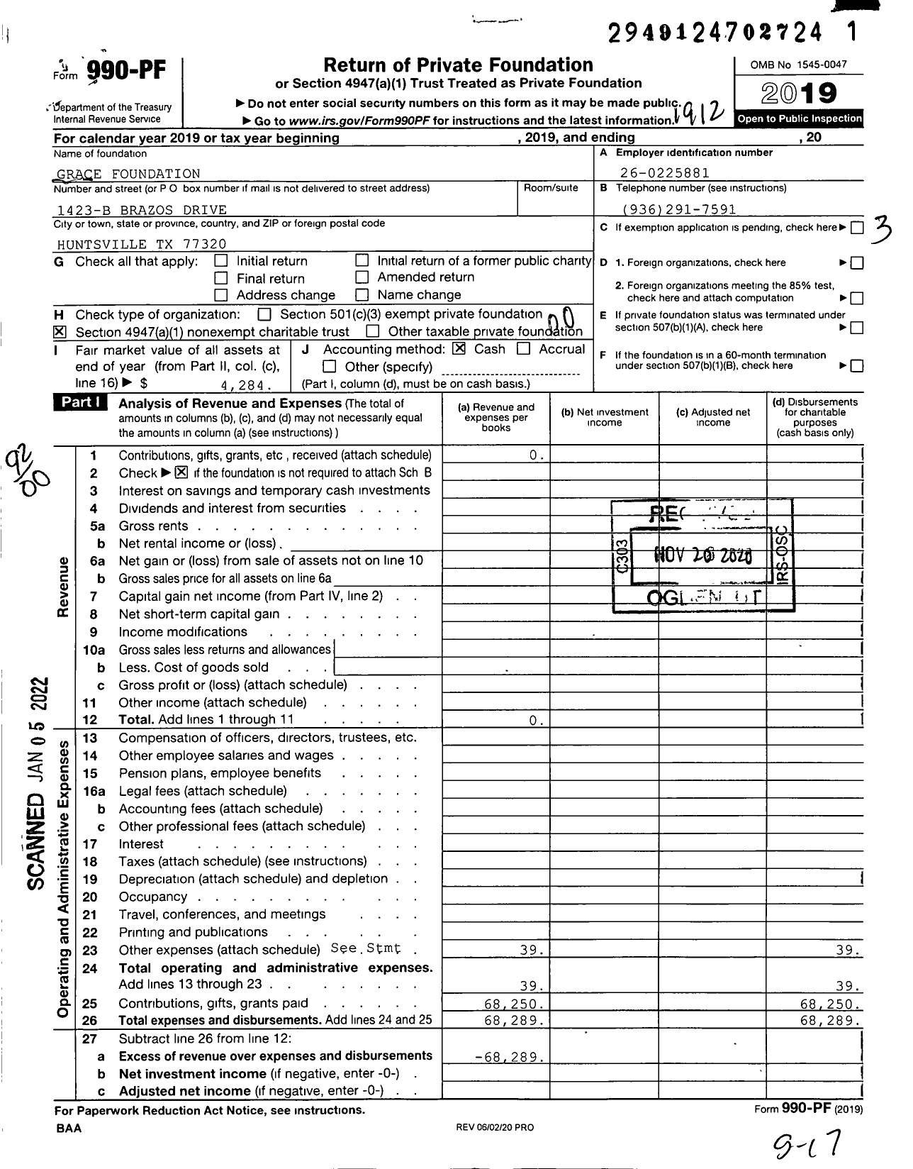 Image of first page of 2019 Form 990PF for Grace Foundation