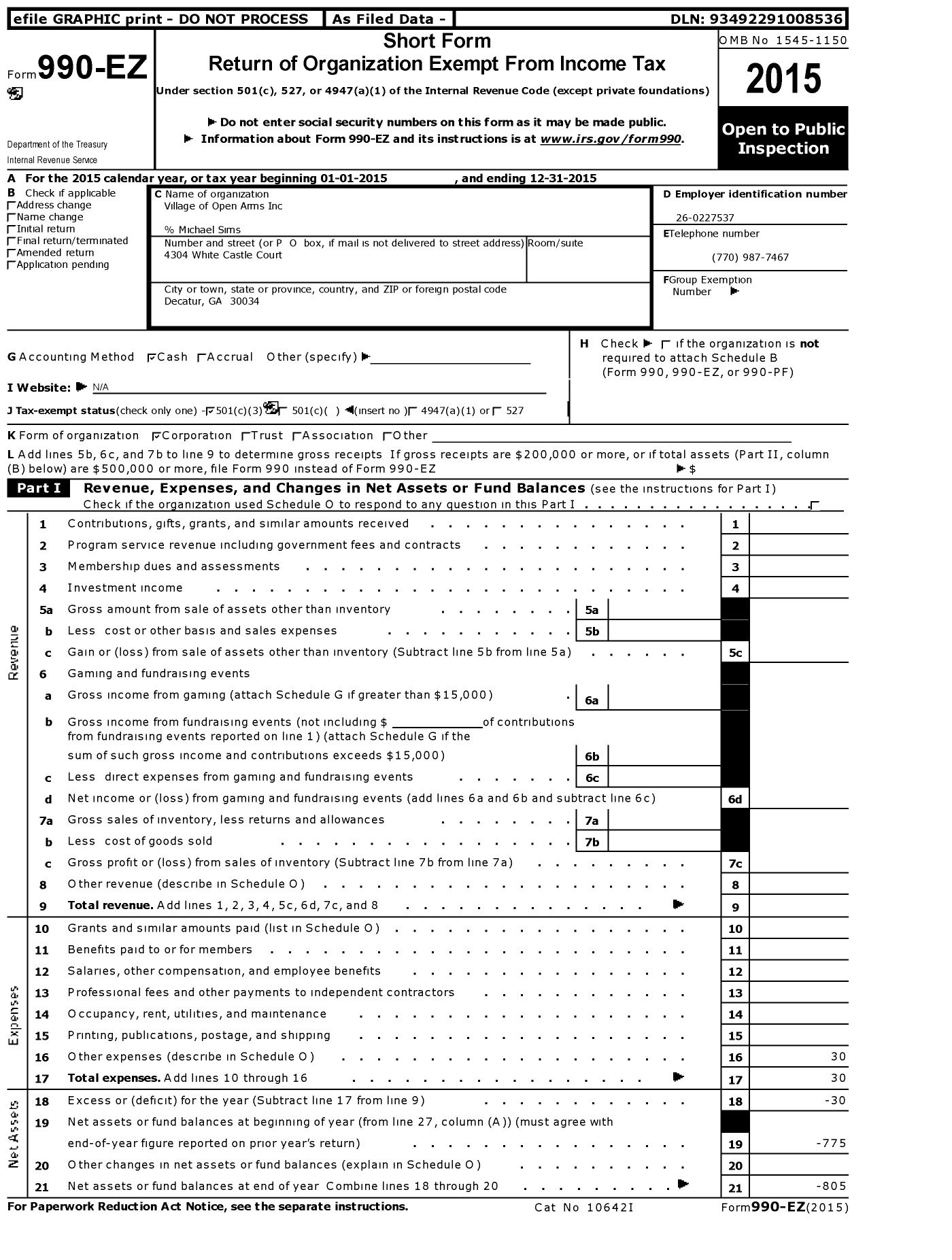 Image of first page of 2015 Form 990EZ for Village of Open Arms