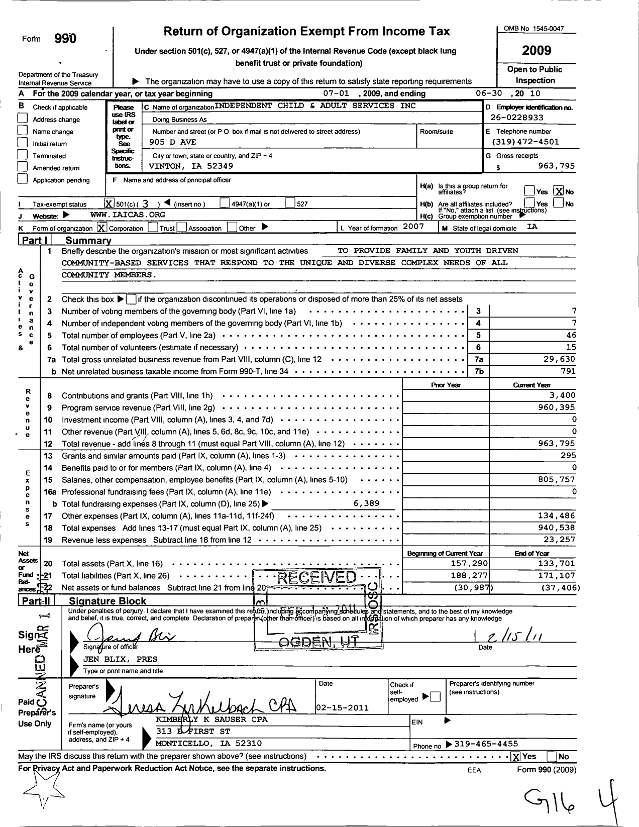 Image of first page of 2009 Form 990 for Independent Child Adult Services