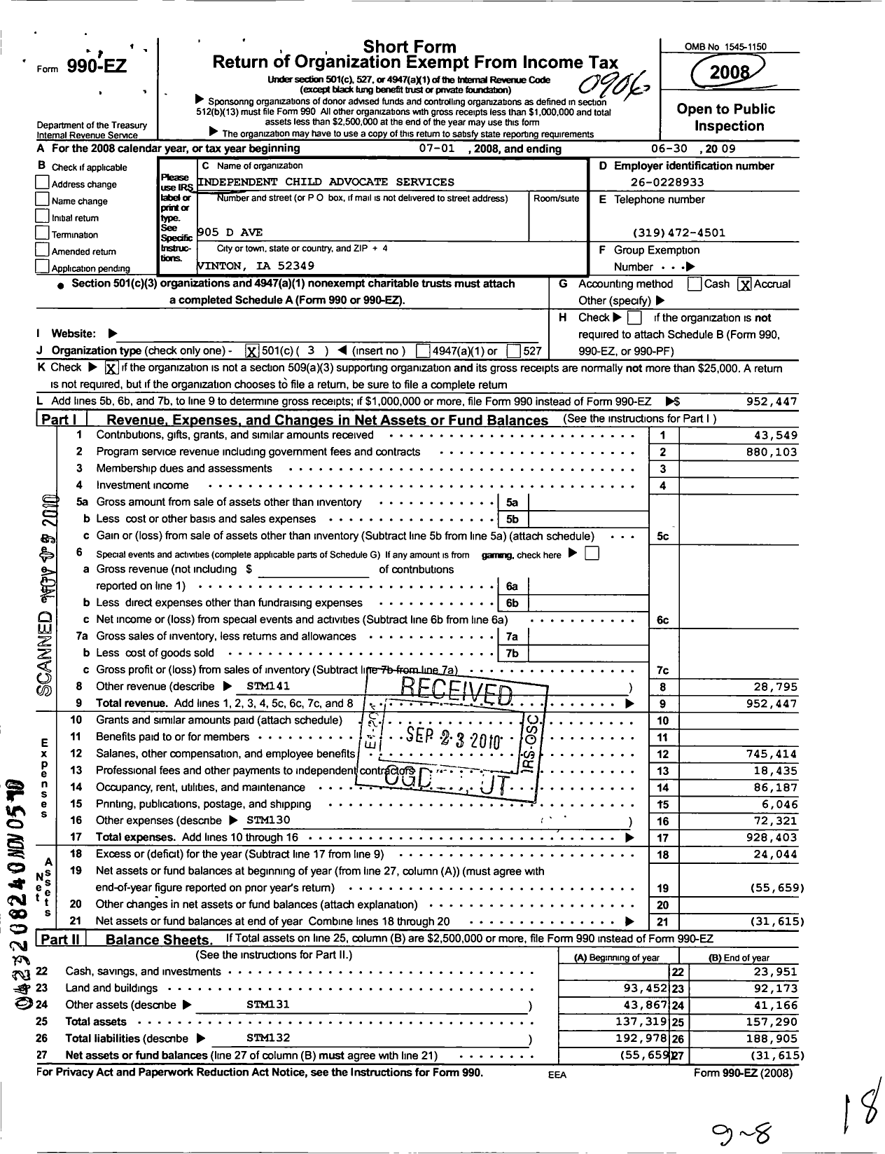 Image of first page of 2008 Form 990EZ for Independent Child Adult Services