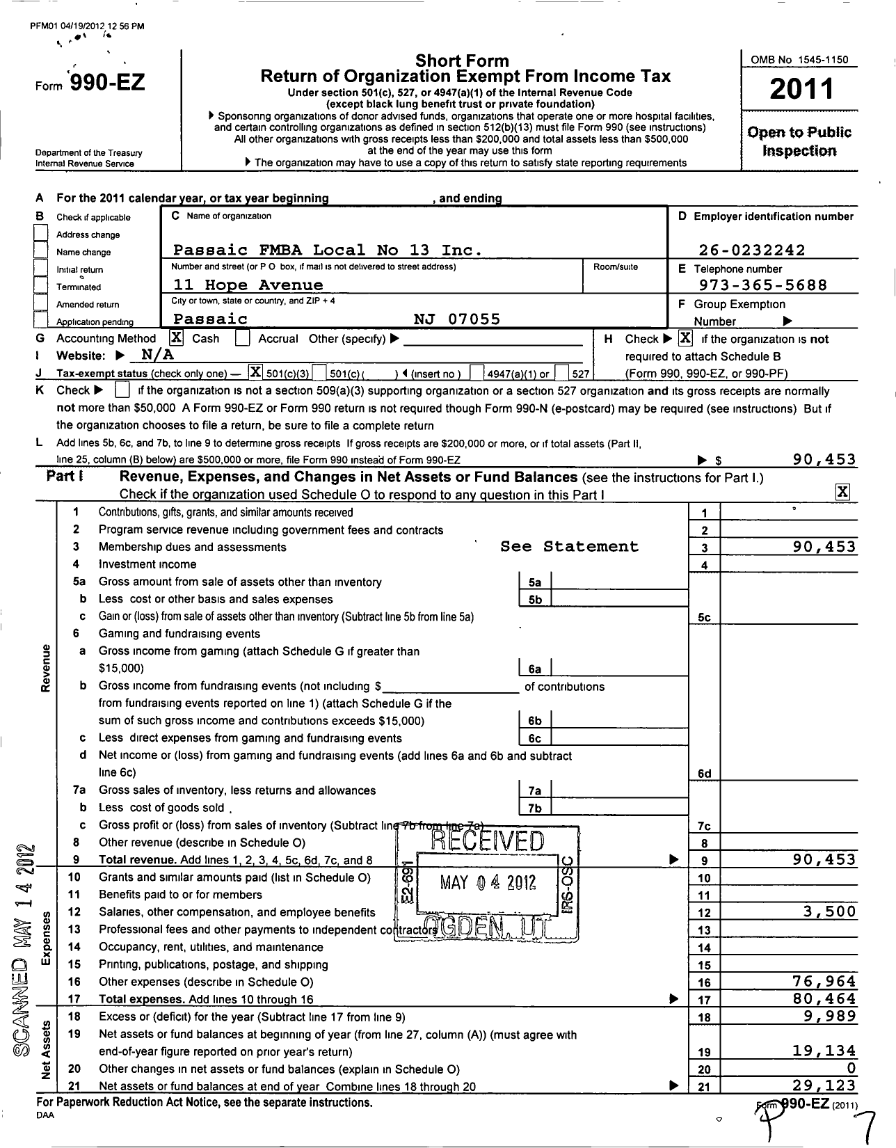 Image of first page of 2011 Form 990EZ for New Jersey State Firemens Mutual Benevolent Association - 13 Local Passaic