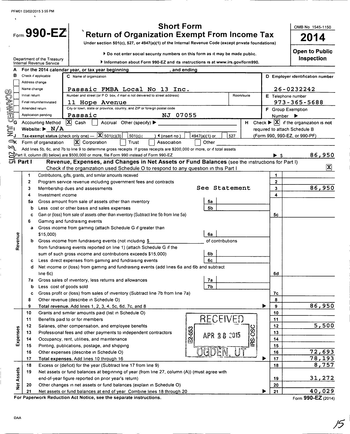 Image of first page of 2014 Form 990EZ for New Jersey State Firemens Mutual Benevolent Association - 13 Local Passaic