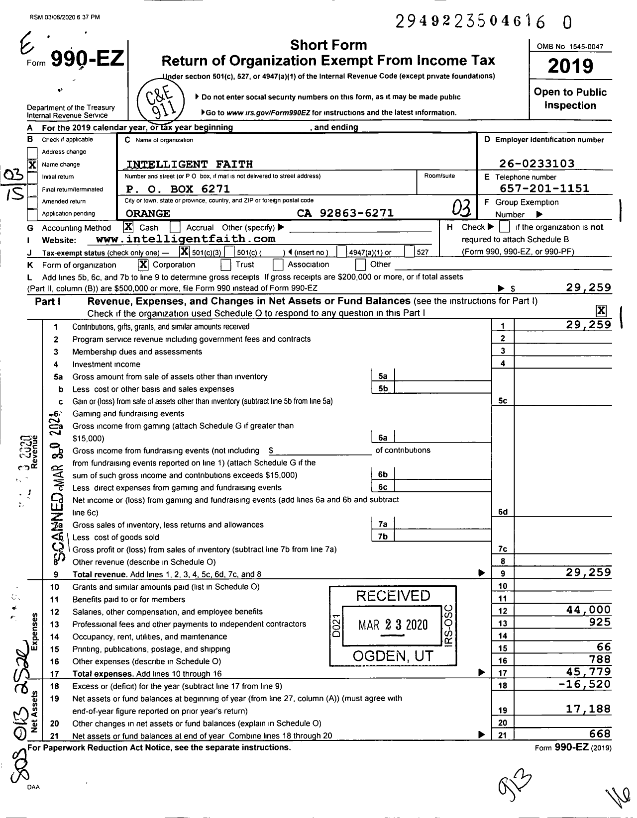 Image of first page of 2019 Form 990EZ for Intelligent Faith