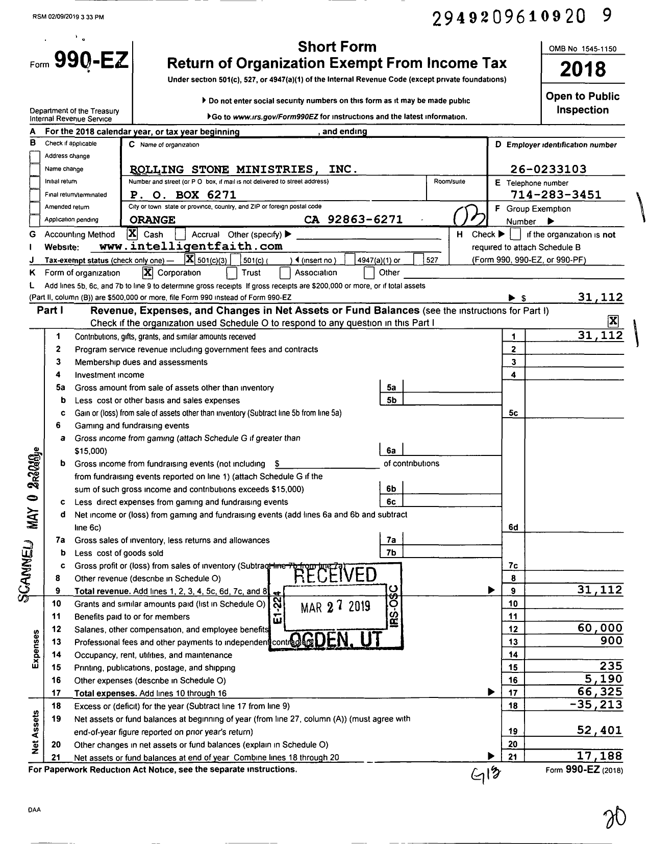 Image of first page of 2018 Form 990EZ for Intelligent Faith