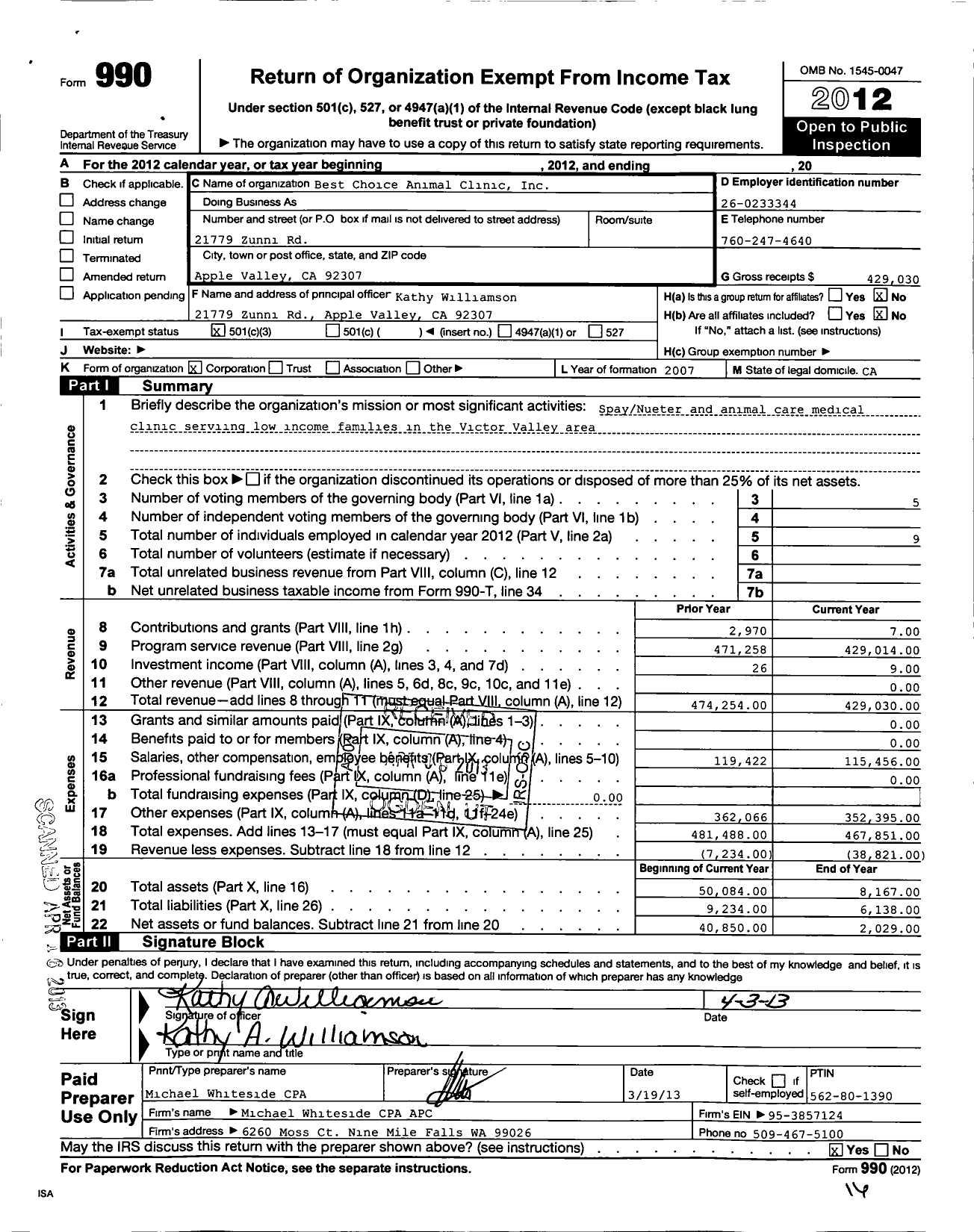 Image of first page of 2012 Form 990 for Best Choice Animal Clinic