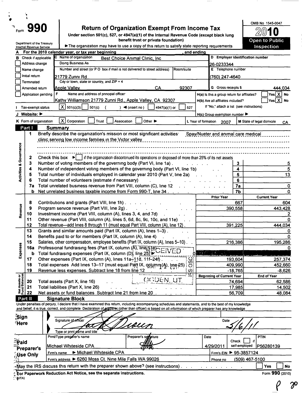 Image of first page of 2010 Form 990 for Best Choice Animal Clinic