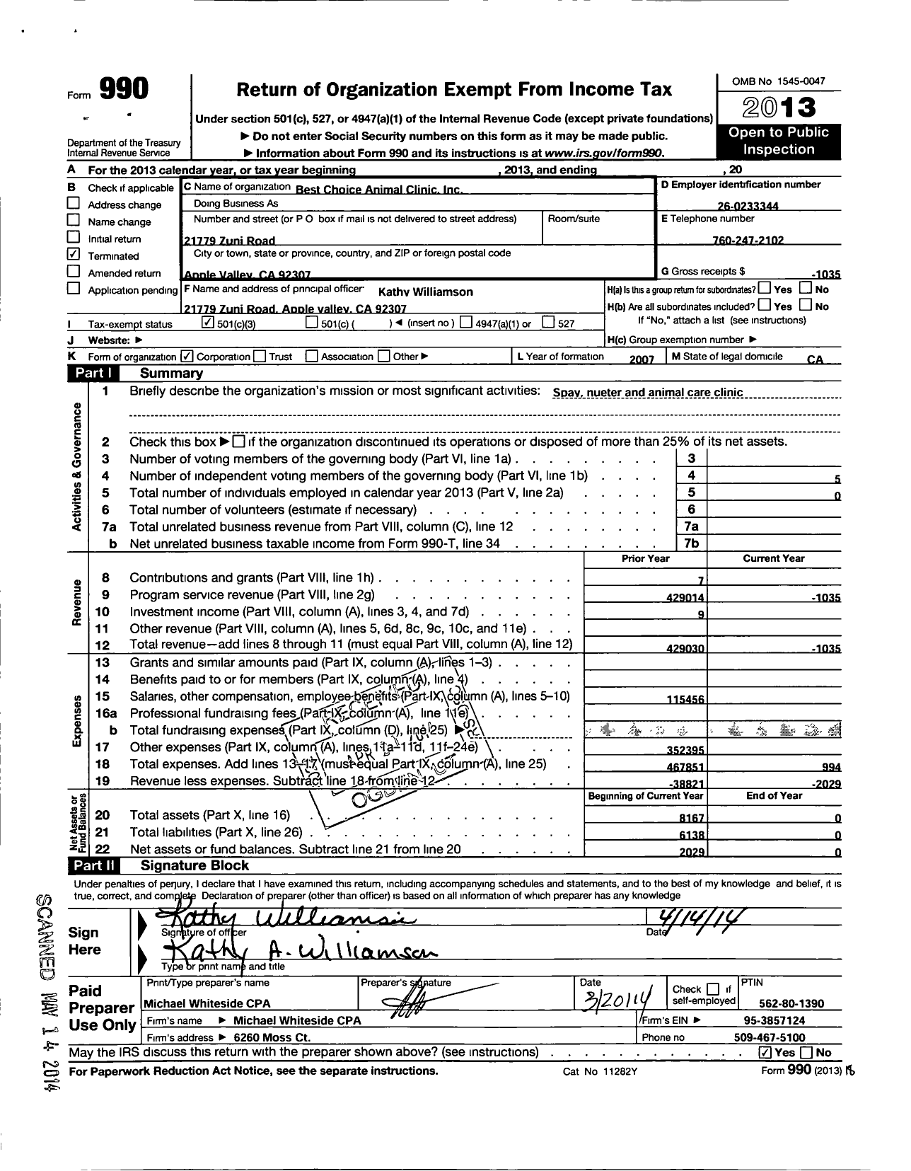 Image of first page of 2013 Form 990 for Best Choice Animal Clinic