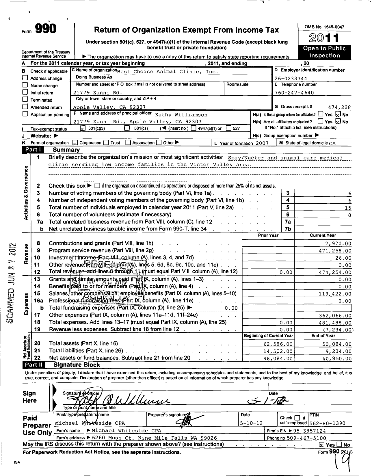 Image of first page of 2011 Form 990 for Best Choice Animal Clinic