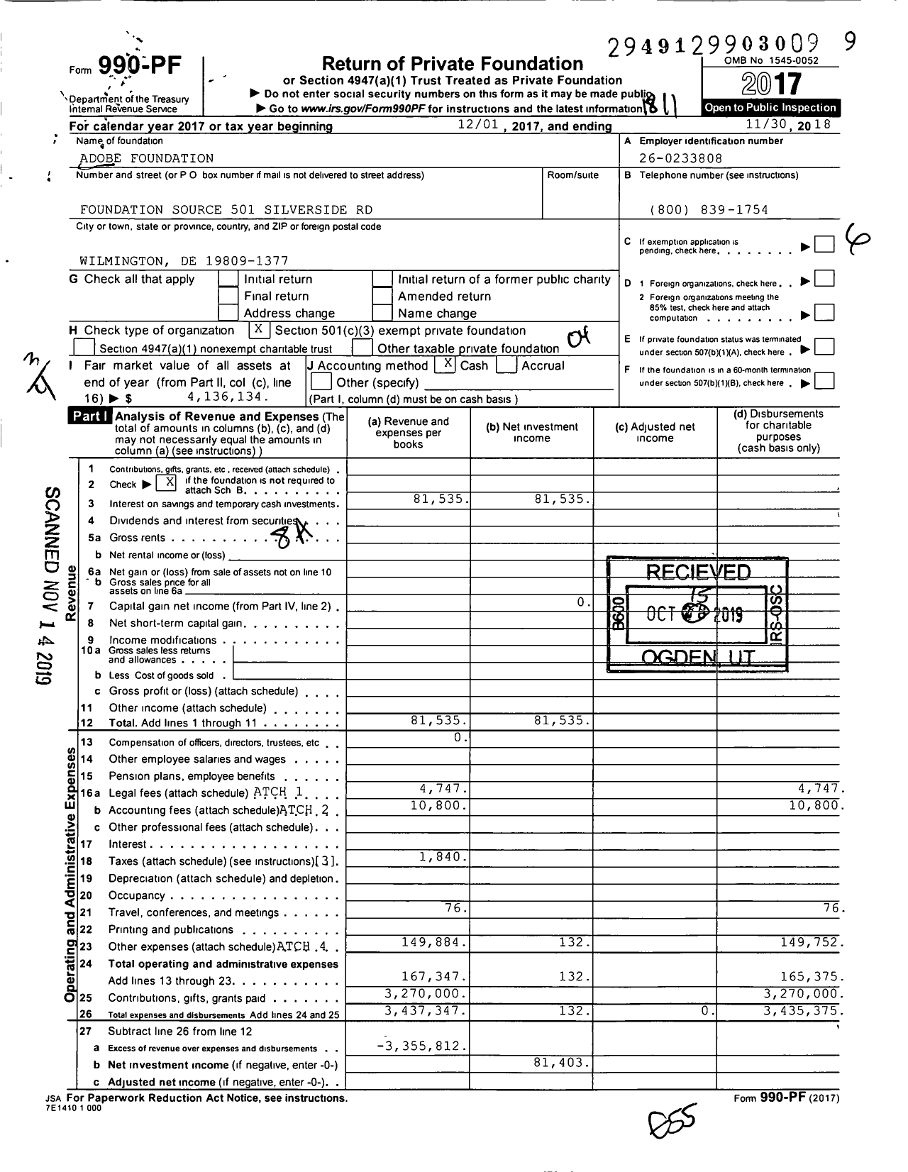 Image of first page of 2017 Form 990PF for Adobe Foundation