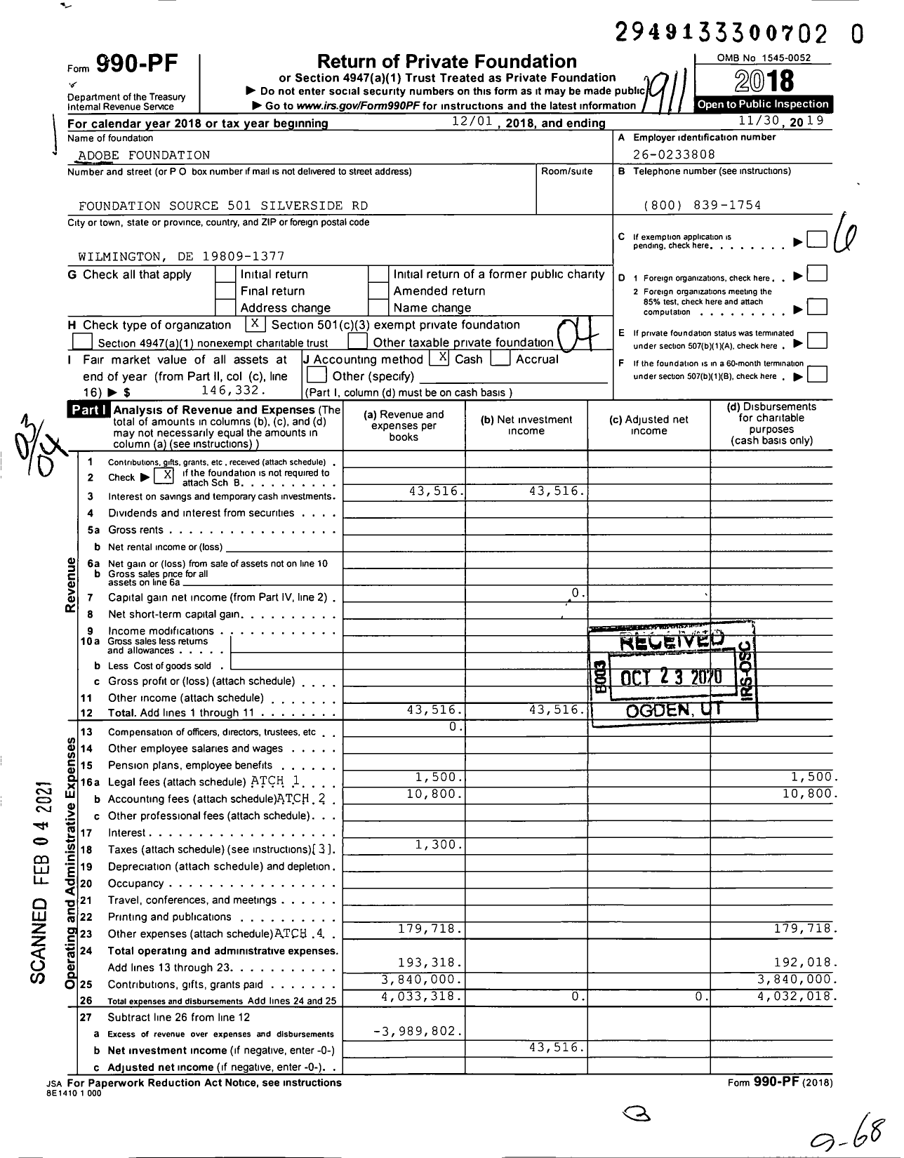 Image of first page of 2018 Form 990PF for Adobe Foundation