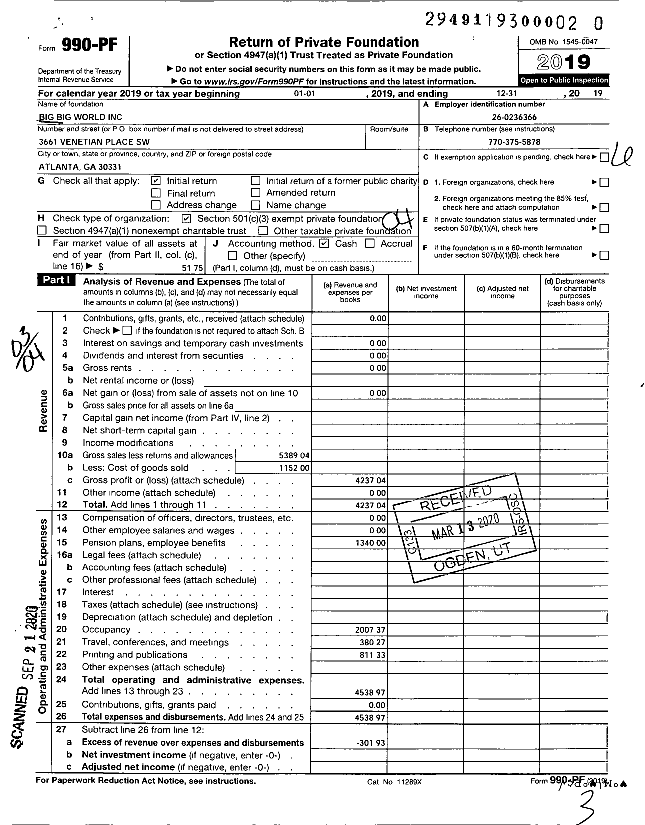 Image of first page of 2019 Form 990PR for Big Big World