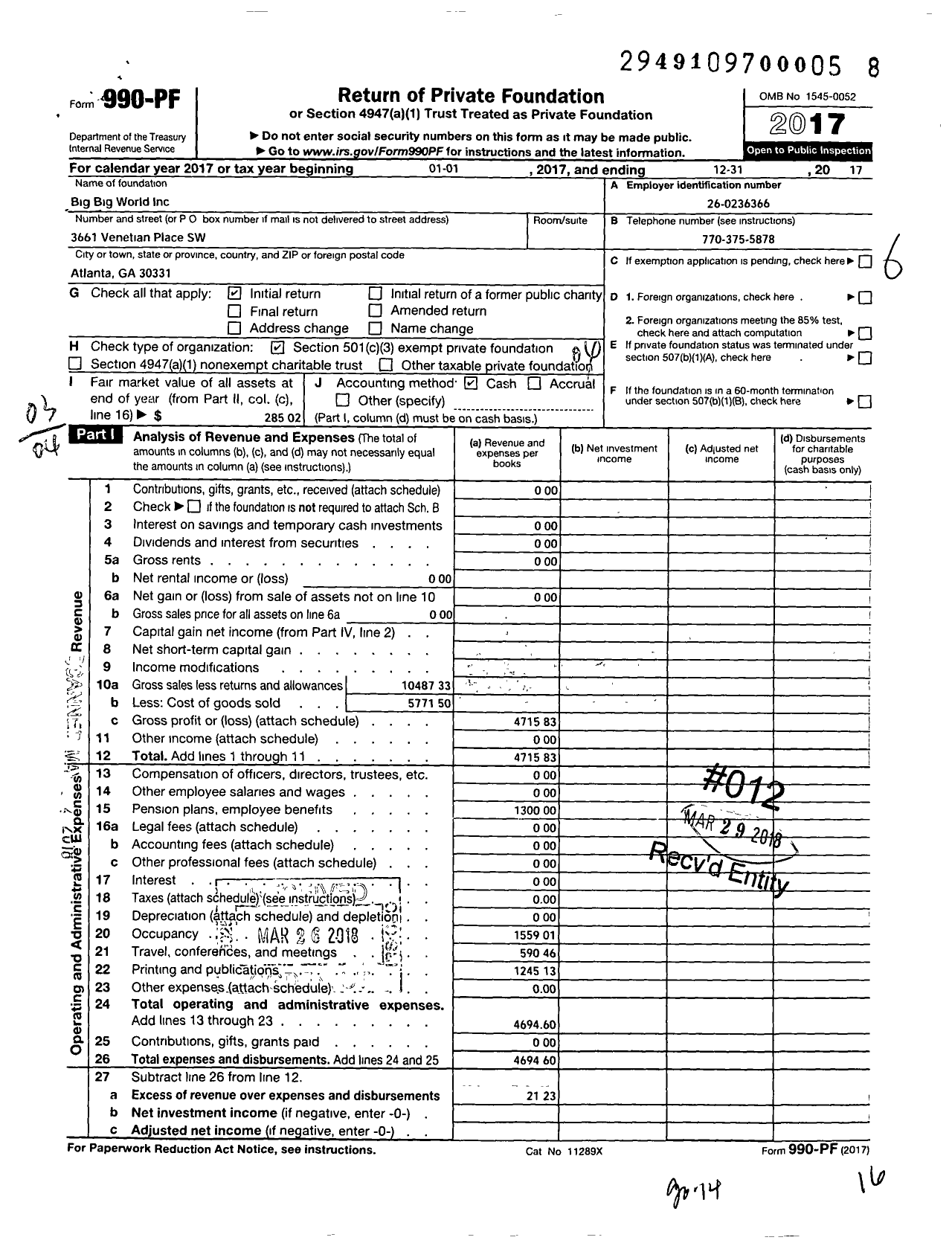 Image of first page of 2017 Form 990PF for Big Big World