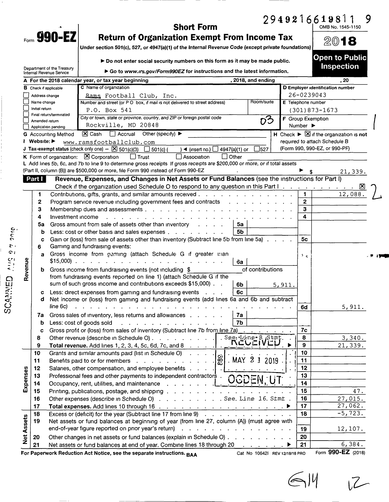 Image of first page of 2018 Form 990EZ for Rams Football Club