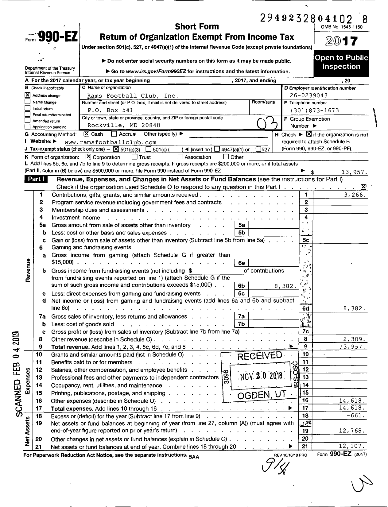 Image of first page of 2017 Form 990EZ for Rams Football Club