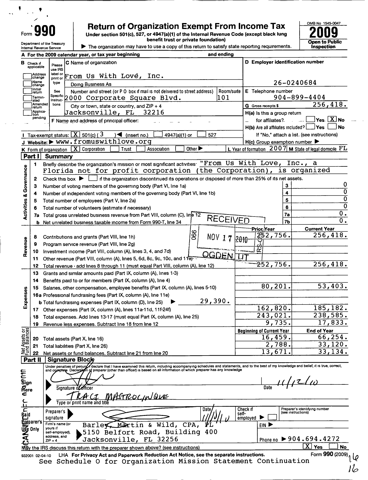 Image of first page of 2009 Form 990 for From Us with Love