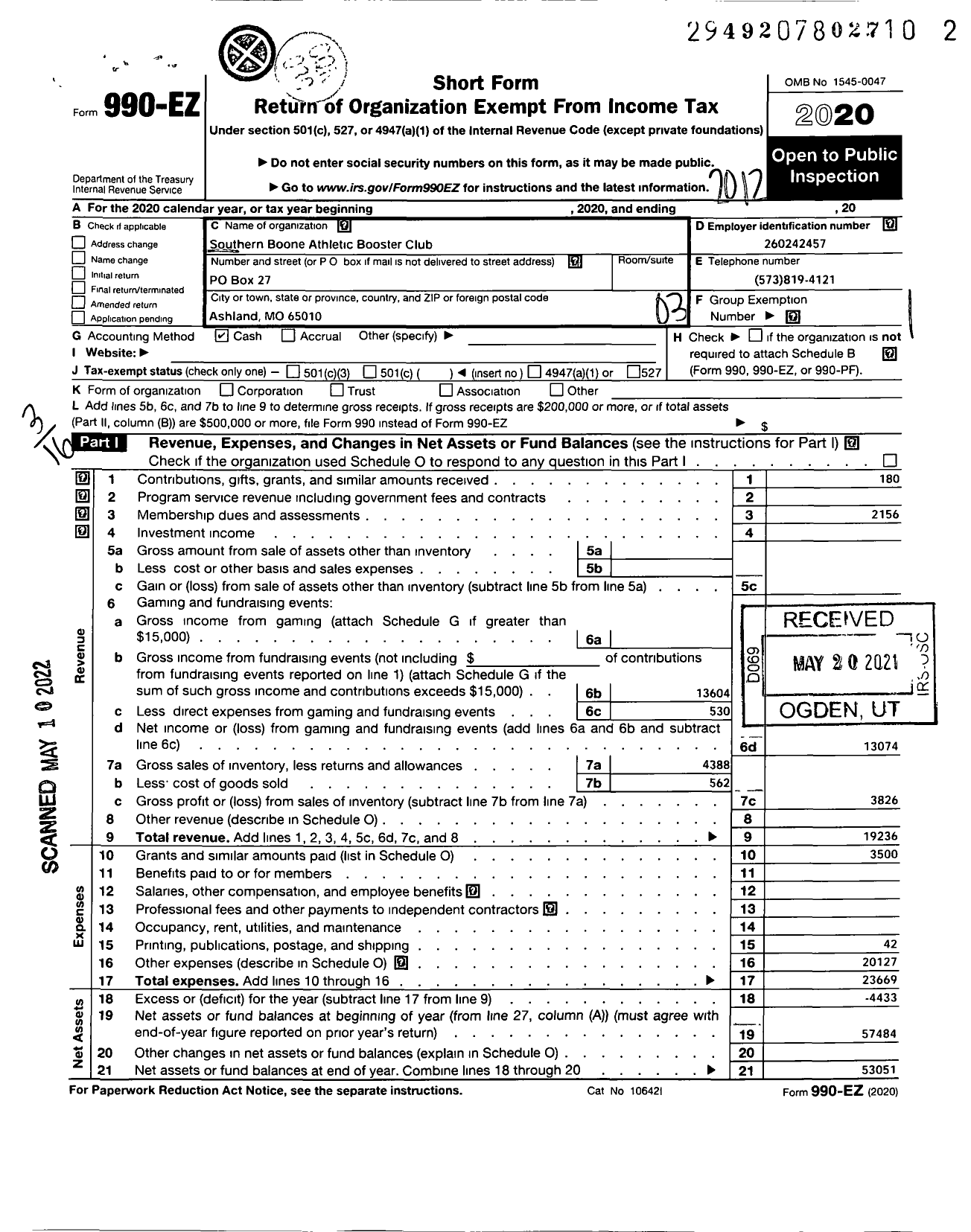 Image of first page of 2020 Form 990EZ for Southern Boone Schools Varsity