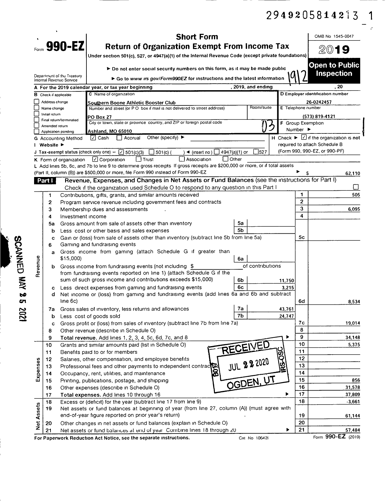 Image of first page of 2019 Form 990EZ for Southern Boone Schools Varsity