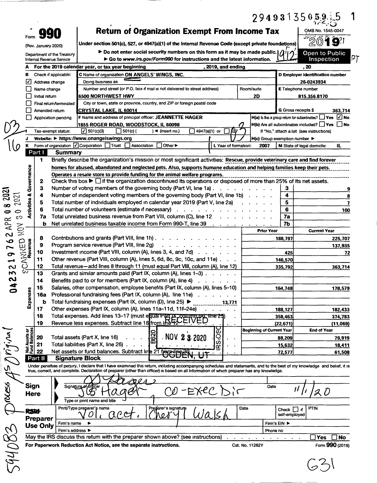 Image of first page of 2019 Form 990 for On Angels Wings