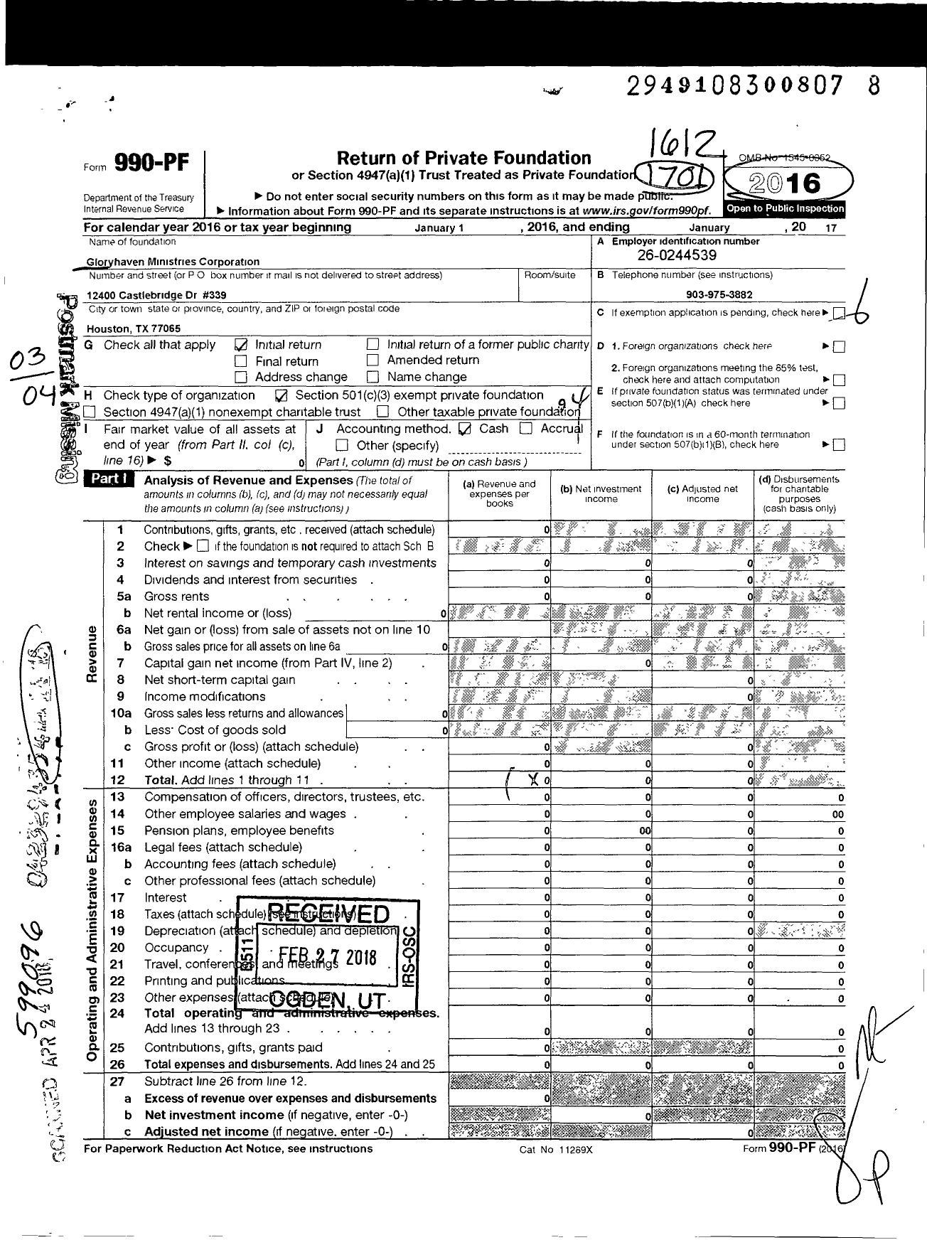 Image of first page of 2016 Form 990PF for Gloryhaven Ministries Corporation