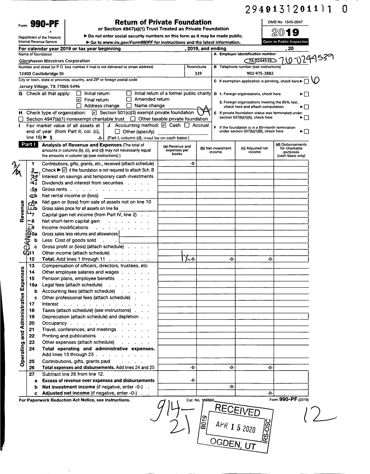 Image of first page of 2019 Form 990PF for Gloryhaven Ministries Corporation