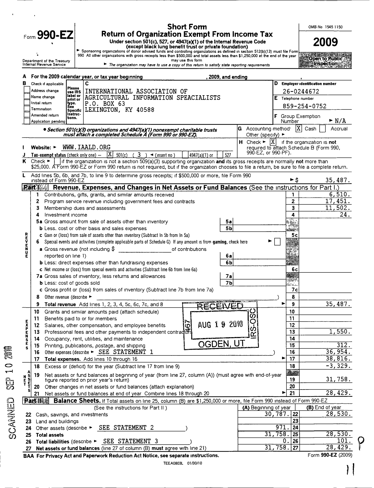 Image of first page of 2009 Form 990EZ for International Association of Agricultural Information Specialists