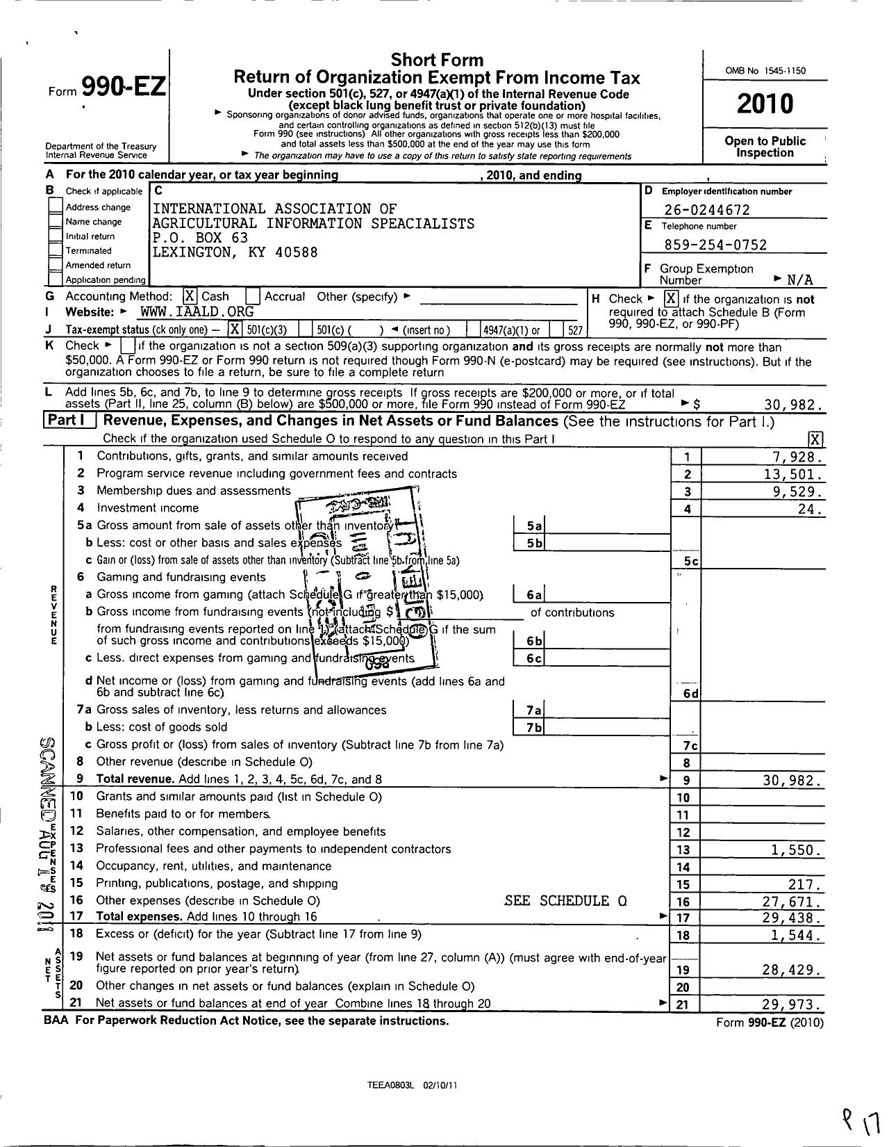 Image of first page of 2010 Form 990EZ for International Association of Agricultural Information Specialists