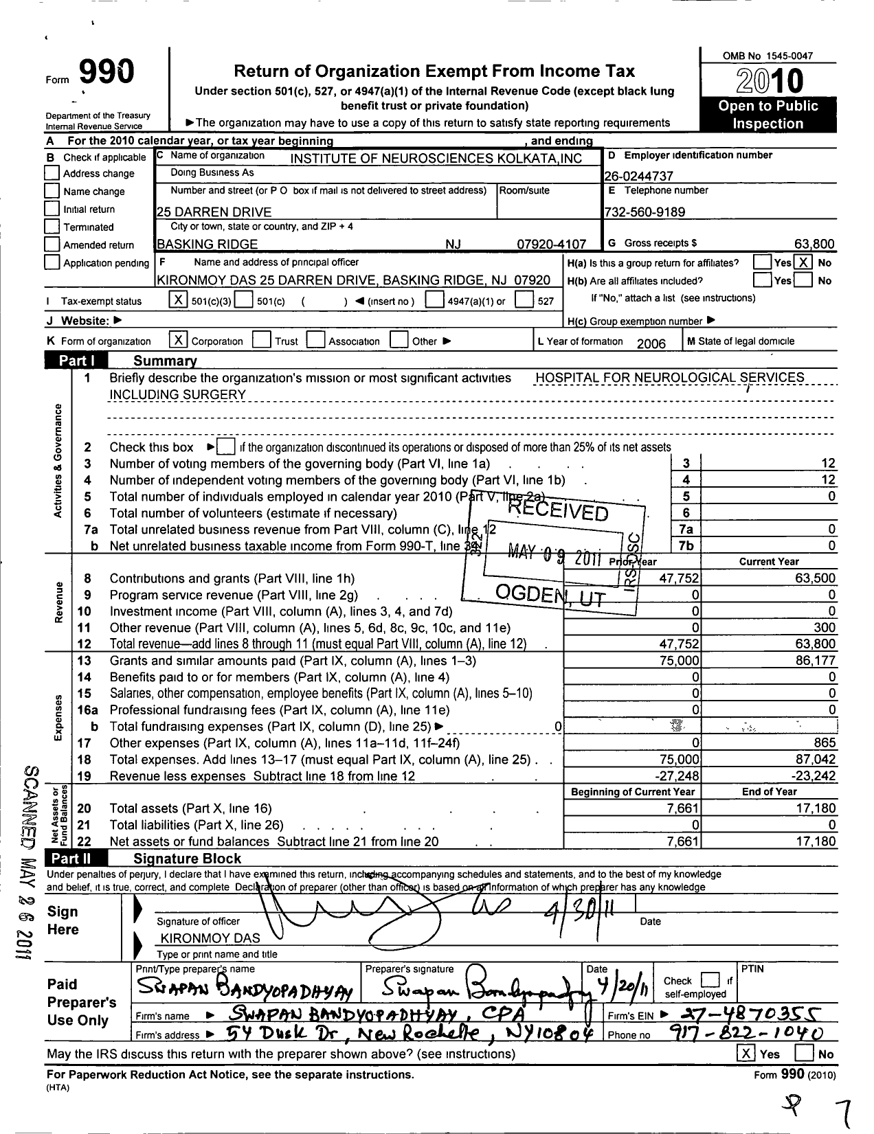 Image of first page of 2010 Form 990 for Institute of Neurosciences Kolkata