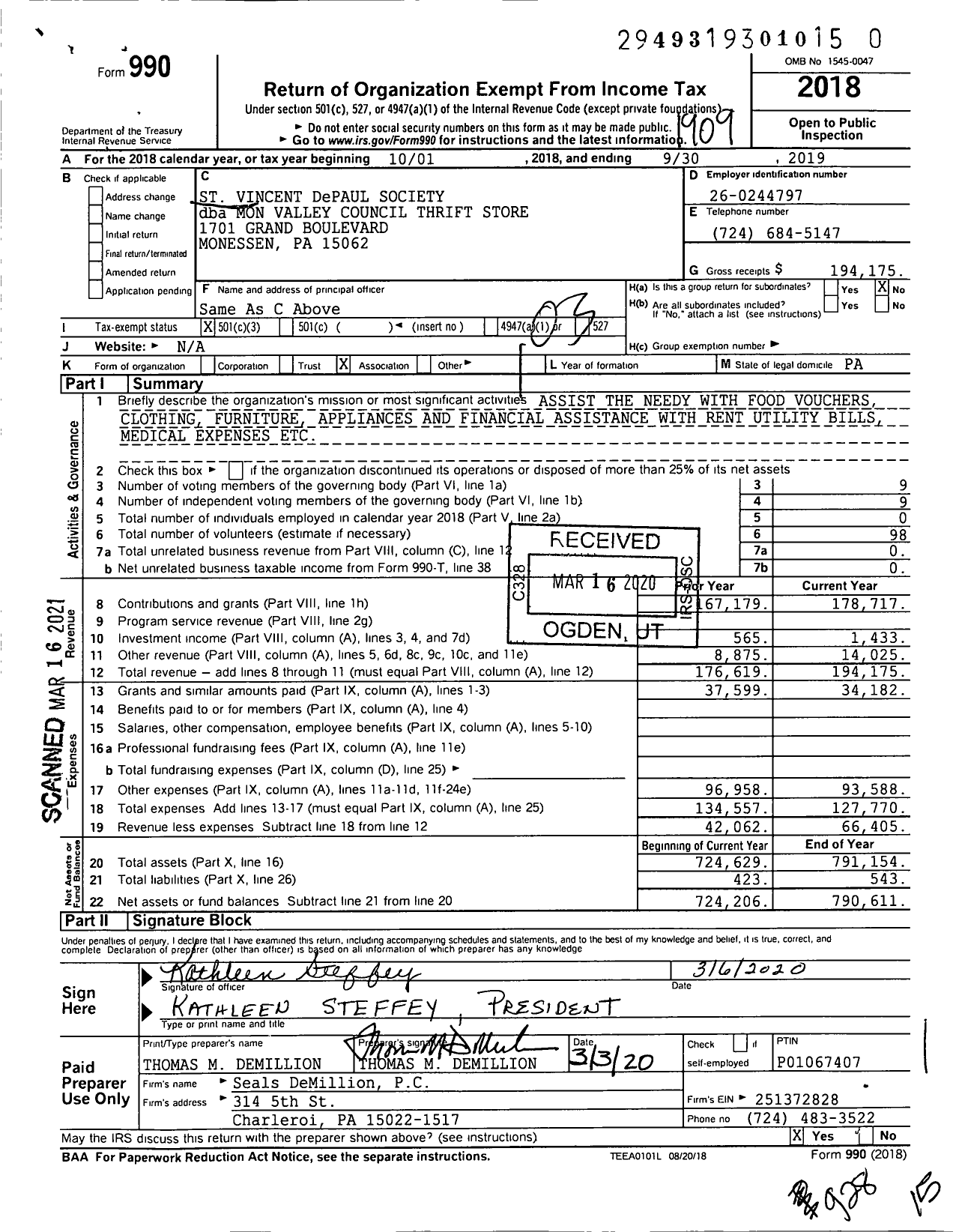 Image of first page of 2018 Form 990 for Mon Valley Council Thrift Store (Mon Valley Council Thrift Store)