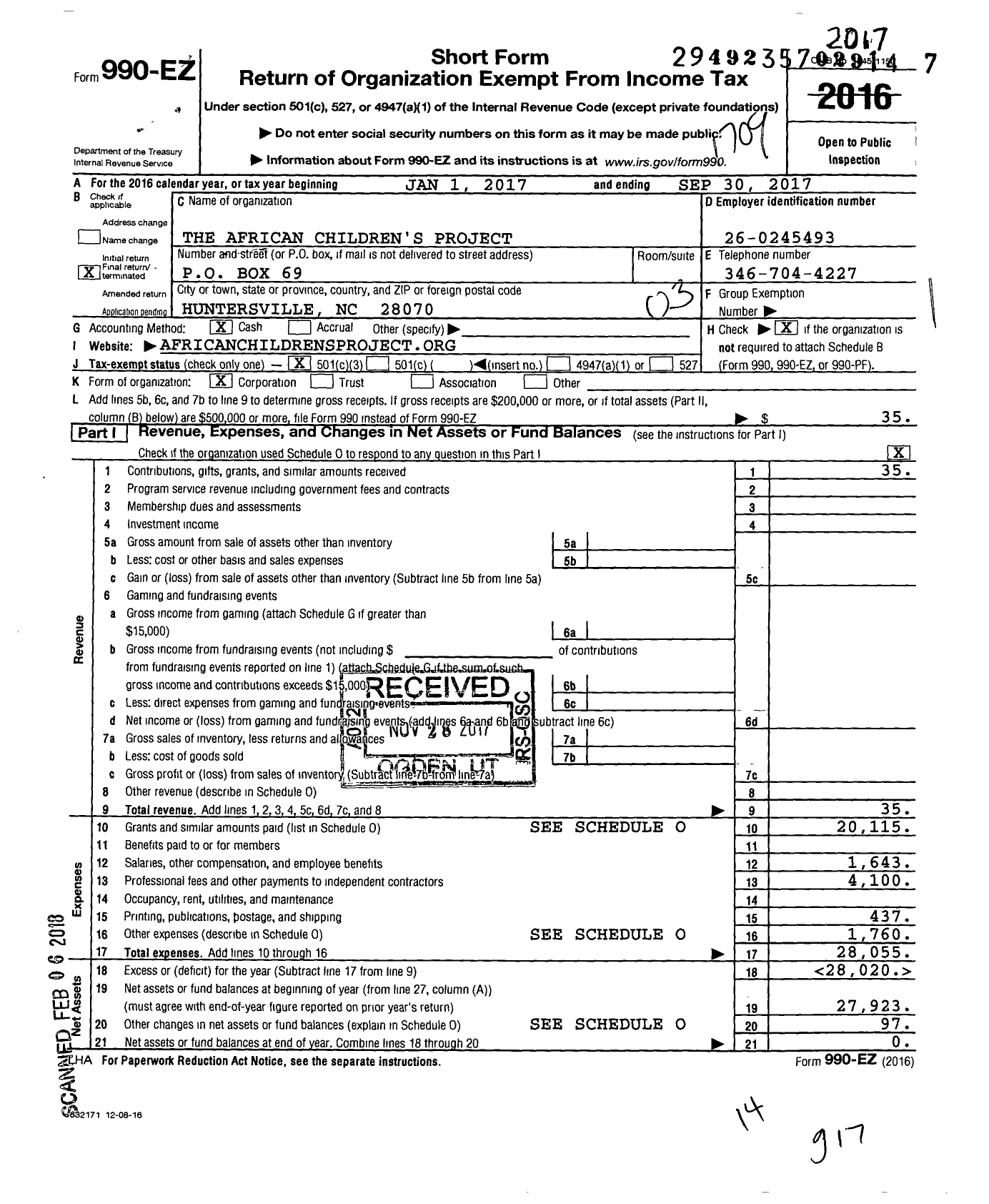 Image of first page of 2016 Form 990EZ for The African Children's Project