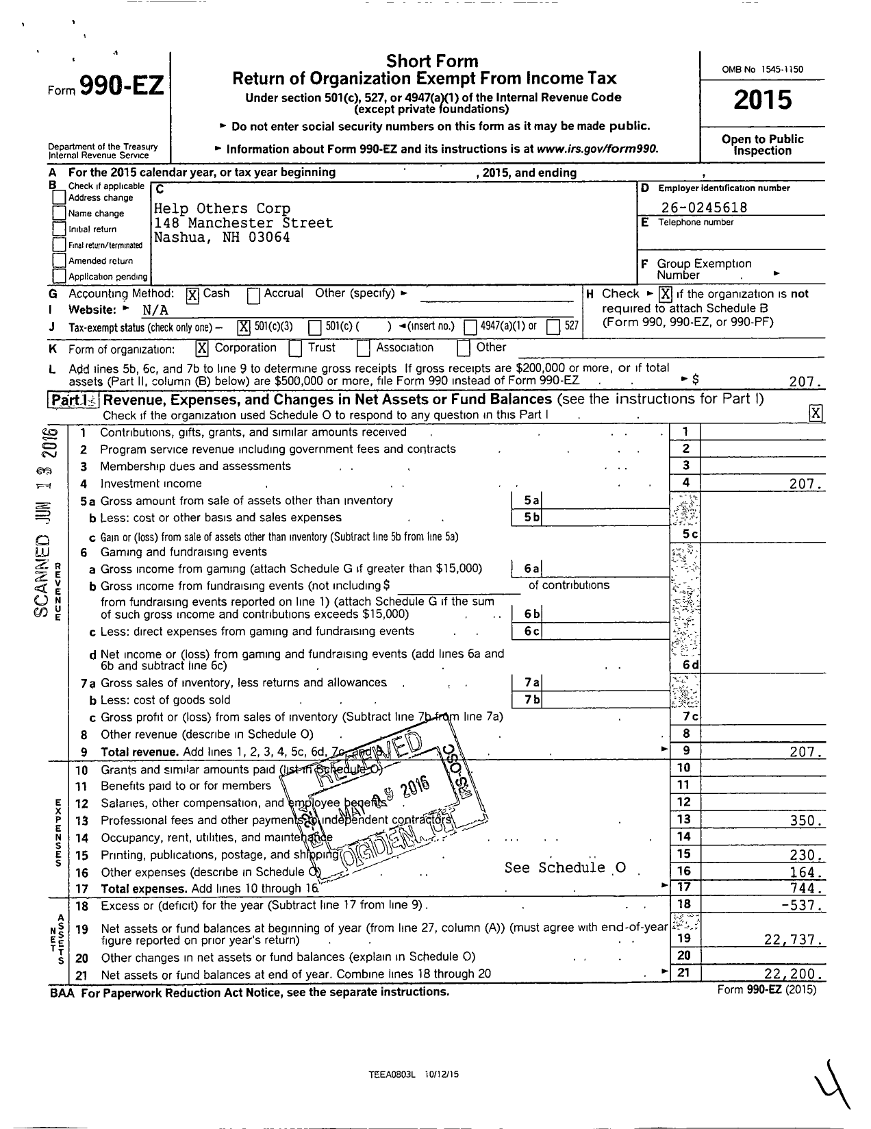 Image of first page of 2015 Form 990EZ for Help Others Corporation