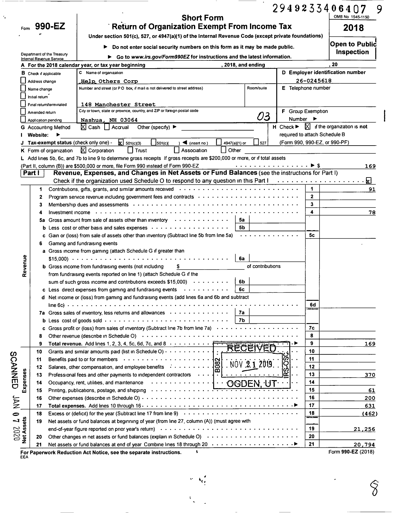 Image of first page of 2018 Form 990EZ for Help Others Corporation