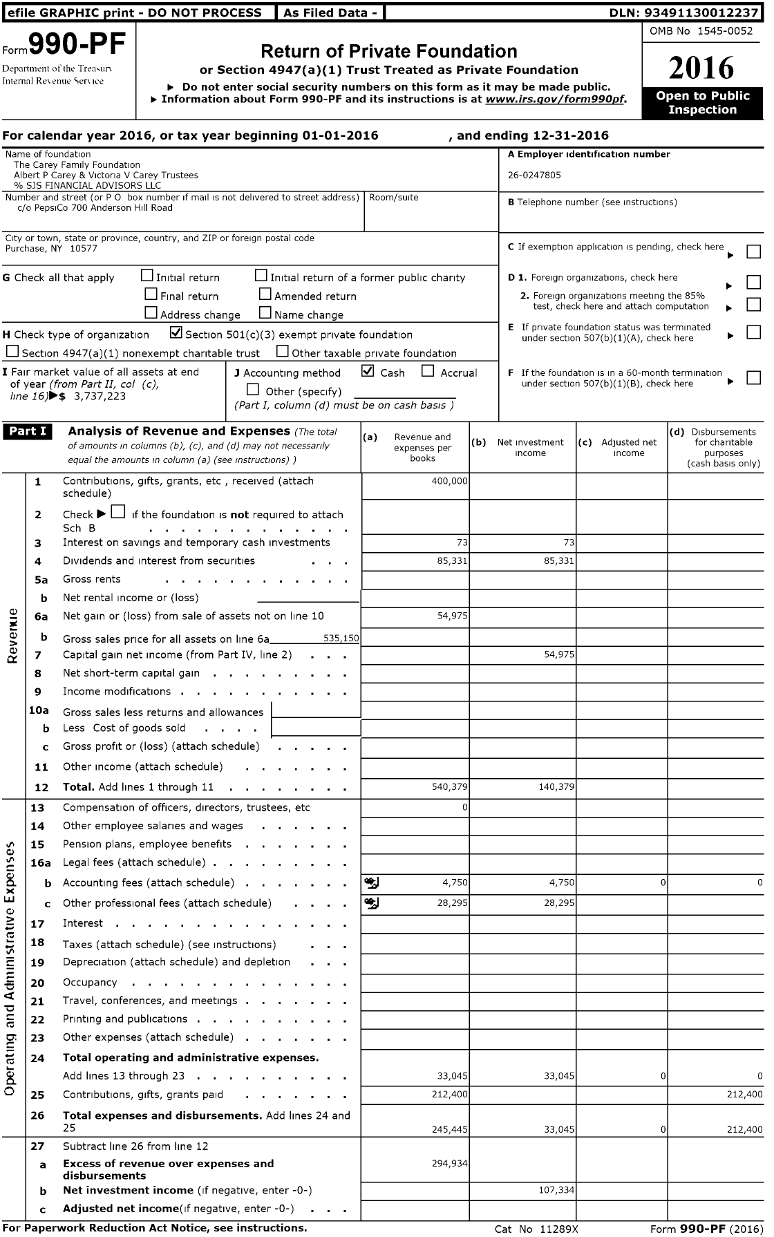 Image of first page of 2016 Form 990PF for The Carey Family Foundation Albert P Carey & Victoria V Carey Trustees