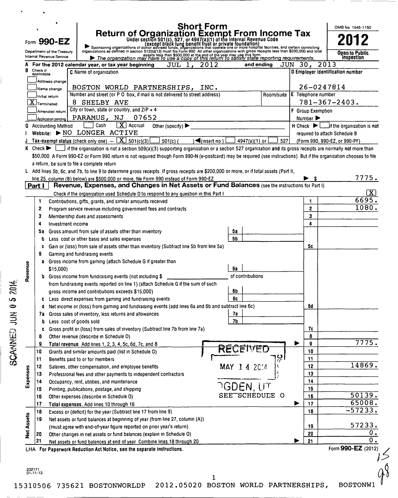 Image of first page of 2012 Form 990EZ for Boston World Partnerships